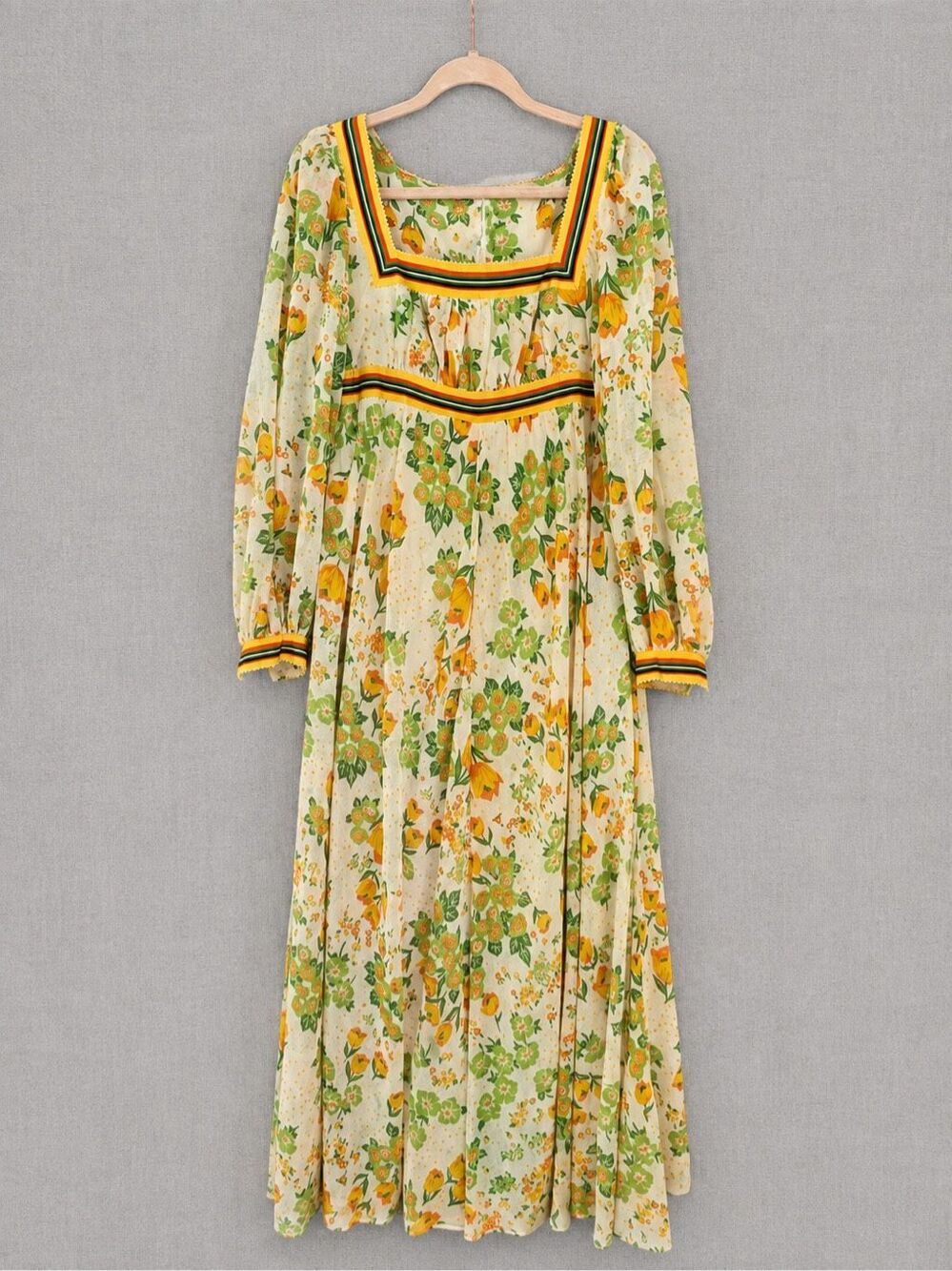 Vintage Handmade Floral Prairie Maxi Dress Empire Waist Lined Cottagecore 70s